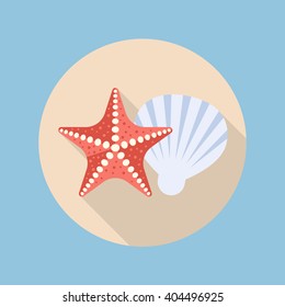 Starfish and shell flat icon with long shadow