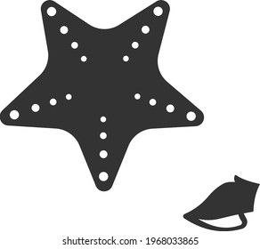 Starfish and shell icon. The sea floor. Vector image isolated on a white background. Flat icon in black style.