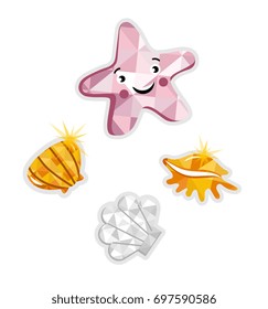 Starfish and shell isolated icon. Summer time resort, relax on beach, tropical vacation, sea holiday vector illustration in triangle style.
