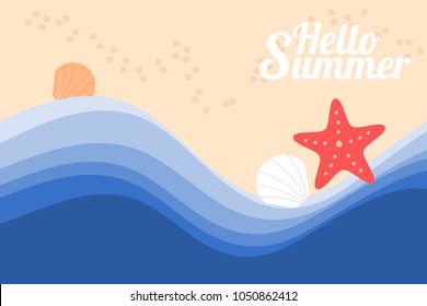 starfish, shell and sea beach. Hello summer concept. 