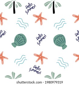 Starfish and shell seamless pattern on white background for summer fashion print, gift wrapping paper, wallpaper etc.