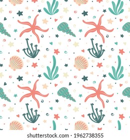 Starfish, shells and algae vector seamless pattern. Sea seamless texture. Textiles, wrapping paper, wallpaper design, packaging. Summer background.