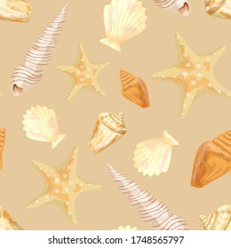 Starfish and shells on a isolated background. Seamless pattern. Vector illustration made in watercolor style.
