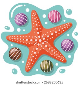 Starfish and shells on ocean floor vector isolated white background
