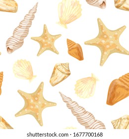 Starfish and shells on a white background. Seamless pattern. Vector illustration made in watercolor style.