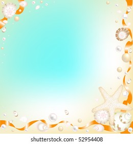 Starfish, Shells and Orange Ribbons Over Sand