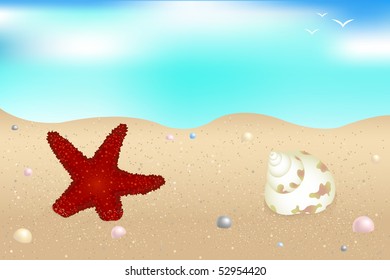 Starfish, Shells And Pearls Over Sand
