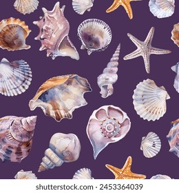 Starfish and shells vector seamless pattern fabric print summer design. Pearl sea bivalves. Shellfishes beach elements. Summer textile print. 