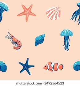 Starfish, shrimp, shell, fish, jellyfish and clam. Seamless pattern in nautical style.