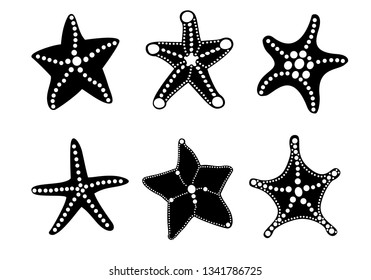 Starfish silhouette icon set for your ocean design. Black objects isolated on white background. Vector sea nature illustration