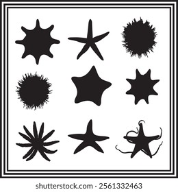 Starfish silhouette set isolated on white background.