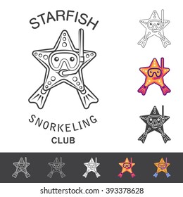 Starfish snorkeling club emblem. Vector illustration with a starfish, mask, snorkel and flippers. Logo and emblem template for snorkeling club.