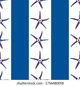Starfish and stripes seamless vector pattern background. Hand drawn marine creature on geometric blue white backdrop. Striped ocean wildlife all over print for summer beach nautical concept.