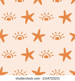 Starfish and sun summer seamless pattern. Star fish Retro boho style. Tropical beach textile fabric doodle print. Minimal simple repeat texture background. Vector illustration