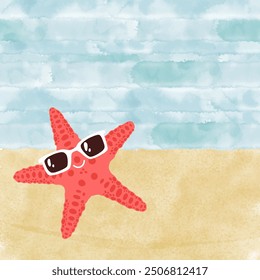 Starfish in sunglasses. Creative illustration with hand-drawn cute cartoon character, watercolor waves, beach sand.  Vector background on a sea theme. Perfect for invitations, cards.
