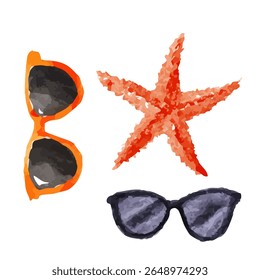 ein Seestern, eine Sonnenbrille und ein Seestern auf weißem Hintergrund
