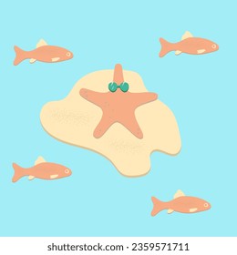 A starfish in sunglasses relaxing on the beach. Orange fish swimming in the sea . Summer holiday concept. Illustration in flat cartoon style