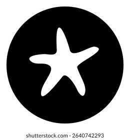 A starfish symbol in the center. Isolated white symbol in black circle. Vector illustration on white background