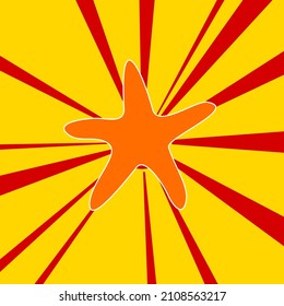 Starfish symbol on a background of red flash explosion radial lines. The large orange symbol is located in the center of the sun, symbolizing the sunrise. Vector illustration on yellow background