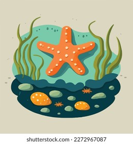 Starfish in tide pool. Underwater fish and sea creatures in natural habitat. Flat vector illustration concept