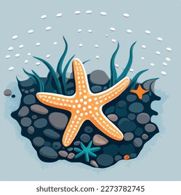 Starfish in tide pool. Underwater fish and sea creatures in natural habitat. Flat vector illustration concept