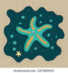Starfish in tide pool. Underwater fish and sea creatures in natural habitat. Flat vector illustration concept