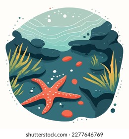 Starfish in tide pool. Underwater fish and sea creatures in natural habitat. Flat vector illustration concept