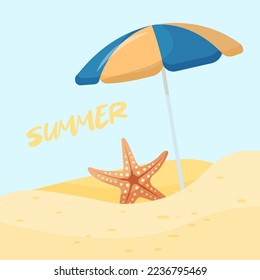 Starfish under a beach umbrella. Sea beach, hello summer