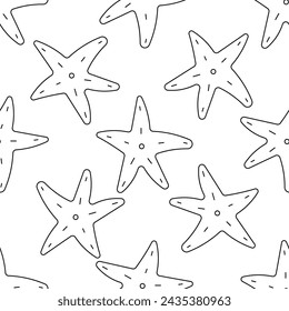 Starfish underwater. Summer Seamless Pattern Background. Animals of the sea. Five limbs. line seafood. Print for children's and adult clothing. Hand drawn vector illustration. doodle coloring