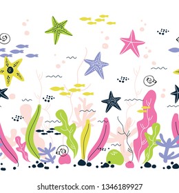 Starfish underwater world seamless pattern. Starfish modern scandinavian cartoon style design. Underwater world bright catchy background.1
