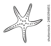 Starfish Vector illustration. Hand drawn sea Star Fish. Linear Drawing of seashell for design in nautical style. Outline Sketch of marine seashore for icon or logo. Black etching of underwater element