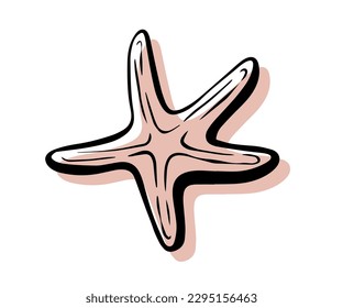 Ilustración vectorial estelar color de fondo plano dibujado a mano con contorno. Icono de estrella de mar. Diseño subacuático de vacaciones de estilo plano en arte vectorial.