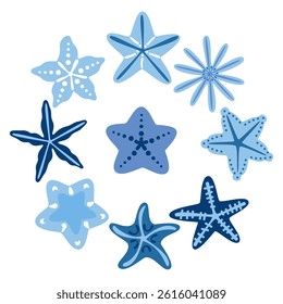 Starfish vector illustration set. Various sea animals. Ocean. Tropical beach. Colorful summer vacation design elements for print design. Modern, label, menu cover, icon. Flat vector illustration.
