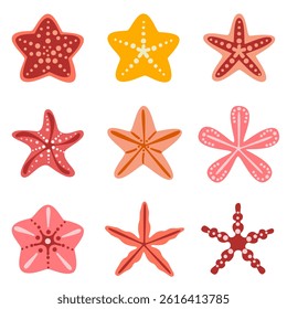Starfish vector illustration set. Various sea animals. Ocean. Tropical beach. Colorful summer vacation design elements for print design. Modern, label, menu cover, icon. Flat vector illustration.
