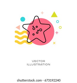 Starfish vector line logo icon with colorful design elements memphis styled in background