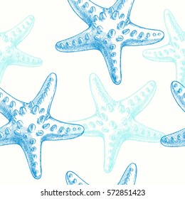 Starfish. Vector marine seamless pattern. Hand drawn illustration of Sea star