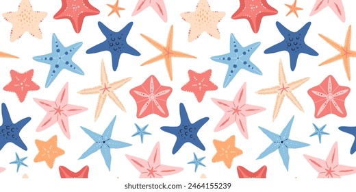 Starfish vector seamless pattern in cartoon flat style. Sea animal underwater. Echinoderm. Marine icon Isolated on white background. Summer vector background