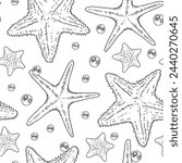Starfish Vector seamless Pattern. Outline illustration of sea star Background. Black and white line art. Hand drawn graphic sketch. Linear print drawing for wrapping paper and fabric