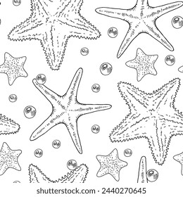 Estrella de mar Vector sin patrón. Ilustración de contorno de estrella de mar Fondo. Dibujo gráfico en blanco y negro. Dibujado a mano. Dibujo de impresión lineal para envolver papel y tela