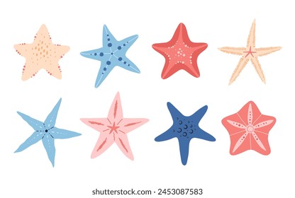 Starfish vector set in cartoon flat style. Sea animal underwater. Echinoderm. Marine icon Isolated on white background. Summer vector illustration