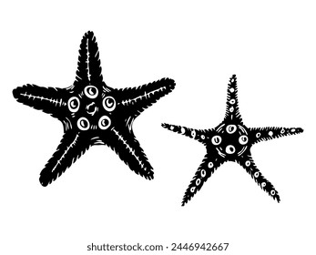 Starfish vector silhouette illustrations set. Hand drawn sketch of sea star. Undersea drawing of seashells.  Isolated design elements in for icon, logo, seafood shop, menu.
