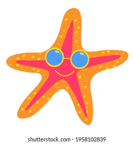 Сartoon starfish wearing sunglasses. Vector illustration for the design of postcards, t-shirts, summer souvenirs