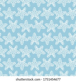 Starfish. White silhouette. Seamless vector pattern. Abstract background. Outline on an isolated gently blue background. Inhabitant of the ocean. Idea for cover, packaging, wallpaper, textile. 