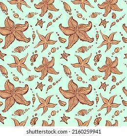 Starfish zen art irregular seamless pattern. Red and blue doodle sea-stars editable endless texture for textile. Hand drawn sea chaotic surface design. Asteroidea random repeat boundless background.