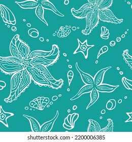 Starfish zen tangle irregular seamless pattern. Doodle sea-stars editable endless texture for textile or interior. Hand drawn sea chaotic surface design. Asteroidea random repeat boundless background.