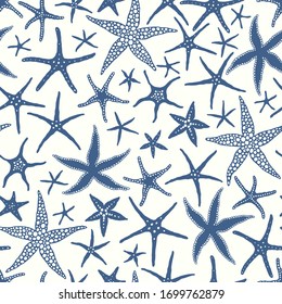 Starfishes blue color, seamless doodle pattern with scattered abstract sea stars. Vector hand drawn illustration in vintage style on ivory background.