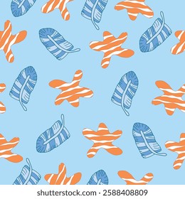 starfishes, blue leaves blue colored seamless pattern. starfish, blue leaves on sky bluish background seamless pattern. It is suitable for fabric, textile, decorations, wrapping, tiles and more.