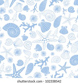 Starfishes , corals, sea urchins  and seashells  hand drawn vector seamless pattern  in white and light blue tones