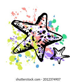 Starfishes are Drawn on an abstract colorful Background with Splashes and Drops. The concept of Underwater life, Wildlife, Shells, Exotic, Sandy Beach, Summer. Vector illustration. 