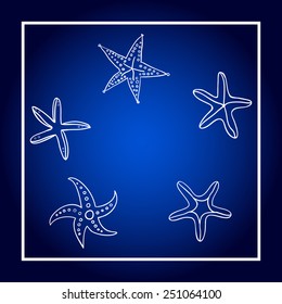 Starfishes on dark blue gradient background. Hand drawn.    